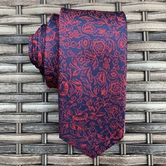 𝅺egara Red & Navy Floral Narrow Tie - 100% Silk - Picture 13 of 13